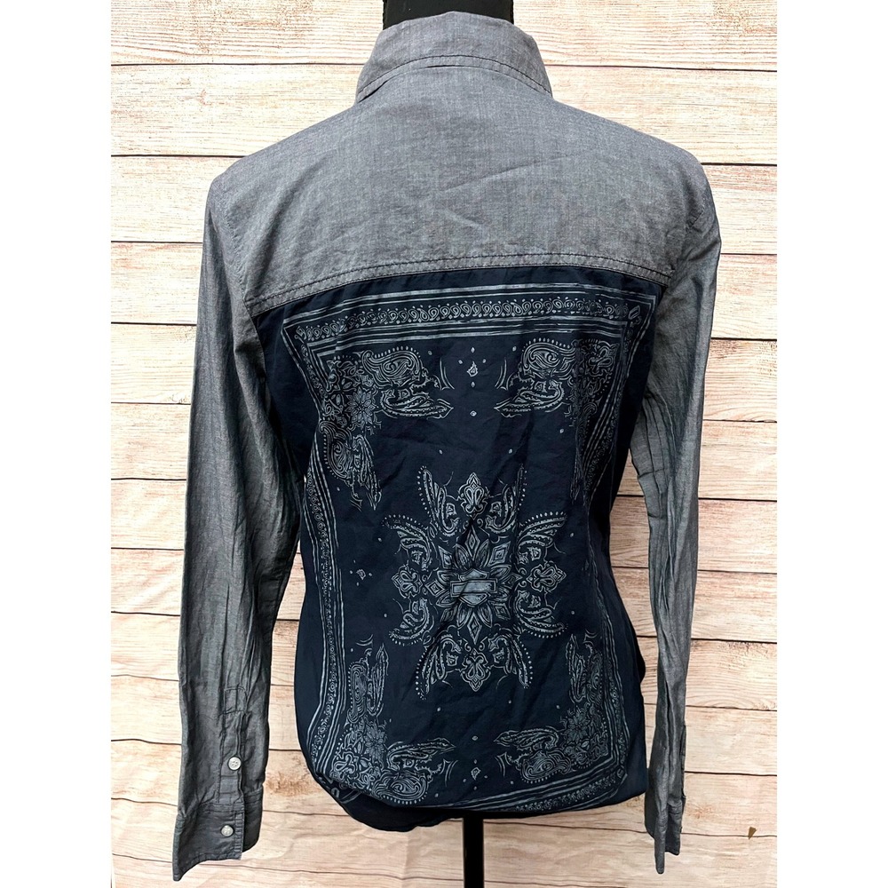 Harley Davidson Womens Gray Bandana Back Button Down Shirt Small - Picture 2 of 6
